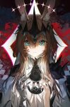  2girls amiya_(arknights) amiya_(demon_king)_(arknights) animal_ear_fluff animal_ears arknights black_coat blue_eyes brown_hair chinese_commentary chromatic_aberration civilight_eterna closed_mouth coat commentary_request dress dual_persona hands_up highres light_particles light_smile long_hair long_sidelocks looking_at_another material_growth multiple_girls orange_pupils oripathy_lesion_(arknights) ponytail ruo_xiao_wuli sidelocks size_difference white_dress 