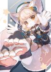  1girl animal_ear_fluff animal_ears animal_feet black_jacket black_thighhighs blonde_hair blush commentary drop_shadow fox_ears fox_girl fox_tail frilled_sleeves frills full_body furry furry_female grey_background hair_intakes hands_up hat highres ikpde jacket long_sleeves looking_at_viewer open_clothes open_jacket open_mouth original outline outside_border pillarboxed short_hair solo stirrup_legwear swept_bangs tail thighhighs toeless_legwear white_fur white_hat white_outline yellow_eyes 