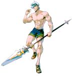  1boy abs bara closed_mouth commentary english_commentary eyewear_on_head fate/grand_order fate_(series) highres holding holding_polearm holding_weapon lady_kuki longinus_(weapon)_(fate) looking_at_viewer male_focus muscular muscular_male navel nipples pectorals percival_(fate) polearm smile sunglasses topless_male transparent_background weapon 