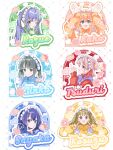 6+girls :d :o ;) alternate_costume aqua_eyes arms_up black_hair blue_dress blue_eyes blue_hair bread brown_hair character_name commentary donut double_v dress finger_to_mouth food fox_shadow_puppet green_dress green_eyes hand_on_own_chin heart highres hinoshita_kaho jersey_maid kachimachi_kosuzu long_hair long_sleeves love_live! love_live!_hasu_no_sora_jogakuin_school_idol_club maid maid_headdress mogi_sgame momose_ginko multiple_girls murano_sayaka one_eye_closed open_mouth orange_dress orange_hair otomune_kozue pink_eyes ponytail pudding purple_hair rabbit_pose red_dress red_eyes shushing smile sticker_(medium) stroking_own_chin twintails two_side_up unconventional_maid untranslatable_commentary v virtual_youtuber yellow_dress yugiri_tsuzuri 