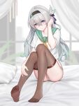  1girl absurdres alternate_costume aqua_eyes bed black_bow black_hairband blurry blurry_background blush bow breasts brown_thighhighs closed_mouth collarbone colored_tips commentary_request feet firefly_(honkai:_star_rail) full_body green_nails green_pupils green_sailor_collar hair_between_eyes hair_bow hairband hand_in_own_hair hand_on_own_leg highres honkai:_star_rail honkai_(series) indoors knees_up large_breasts large_variant_set long_hair looking_at_viewer multicolored_hair nail_polish neckerchief no_pants no_shoes on_bed panties pillow sailor_collar shirt short_sleeves sitting smile soles solo thighhighs thighs toenail_polish toenails toes underwear variant_set white_panties white_shirt yellow_neckerchief yunkaiming 