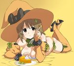  :t boots breasts brown_eyes brown_hair detached_sleeves eating flower food_themed_hair_ornament fork hair_flower hair_ornament halloween hat high_heels hisakawa_riho idolmaster idolmaster_cinderella_girls large_breasts legs_up lying mimura_kanako on_stomach orange_legwear panties puffy_sleeves pumpkin_hair_ornament simple_background solo thigh_boots thighhighs topless underwear witch_hat yellow_background 