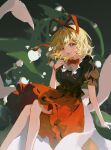 1girl black_shirt blonde_hair blue_eyes bow bubble_skirt colored_eyelashes commentary_request flower frilled_shirt_collar frills highres hutaodehetao legs lily_of_the_valley medicine_melancholy open_mouth puffy_short_sleeves puffy_sleeves red_bow red_ribbon red_skirt ribbon shirt short_hair short_sleeves sitting skirt solo touhou 