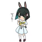  1girl :< animal_ear_hairband animal_ears black_hair blue_dress blunt_bangs blunt_ends bob_cut brown_shoes closed_mouth commentary_request dress embarrassed fake_animal_ears fake_tail frown full_body green_eyes hairband hasu_no_sora_school_uniform loafers looking_at_viewer love_live! love_live!_hasu_no_sora_jogakuin_school_idol_club medium_dress momose_ginko neckerchief paw_pose pleated_dress puffy_short_sleeves puffy_sleeves rabbit_ear_hairband rabbit_ears rabbit_tail sailor_collar sailor_dress school_uniform shinanoya_(satanicad) shoes short_hair short_sleeves simple_background socks solo summer_uniform tail translated virtual_youtuber white_background white_sailor_collar white_socks yellow_neckerchief 