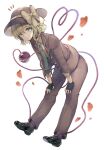  1girl alternate_costume black_gloves black_hat black_jacket black_pants black_shoes black_suit bow commentary_request disembodied_linked_eye fingerless_gloves full_body gloves green_eyes green_hair green_necktie hair_between_eyes hat hat_bow heart heart_of_string highres jacket komeiji_koishi leaning_forward long_sleeves looking_at_viewer medium_hair necktie notice_lines open_clothes open_jacket pants parted_lips petals sekisei_(superego51) shoes simple_background solo standing suit suit_jacket sun_hat touhou white_background yellow_bow 