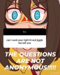  1girl blue_eyes brown_hair close-up commentary domino_mask el_condor_pasa_(casual)_(umamusume) el_condor_pasa_(umamusume) english_commentary english_text eye_mask highres looking_at_viewer mask meme shirt solo the_questions_are_not_anonymous_(meme) umamusume yellow_shirt yoisqki 