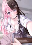  1girl 717minami black_choker blurry blurry_background blush bow bowtie bra bra_peek breasts brown_bow brown_hair choker classroom cleavage collarbone commentary_request grin hair_bow hair_intakes hair_ornament hairclip high_ponytail highres holding holding_manga indoors large_breasts long_hair long_sleeves looking_at_viewer manga_(object) multicolored_hair pink_bra pink_hair pink_lips ponytail purple_bow purple_bowtie purple_eyes purple_skirt shirt skirt smile solo_focus split-color_hair tachibana_hinano tachibana_hinano_(school_uniform) teeth two-tone_hair underwear undone_bowtie unworn_hair_ornament unworn_hairclip virtual_youtuber vspo! white_shirt 