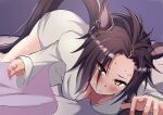  1025ridoru 1girl absurdres air_shakur_(umamusume) animal_ears blanket blush borrowed_clothes bottomless boyfriend's_shirt breasts brown_hair clenched_teeth commentary_request ear_chain embarrassed eyebrow_piercing eyes_visible_through_hair face_piercing feet_out_of_frame highres horse_ears horse_girl horse_tail linked_piercing long_sleeves looking_at_viewer lying medium_breasts on_bed on_stomach paid_reward_available piercing sharp_teeth shirt short_hair solo tail teeth umamusume white_shirt yellow_eyes 