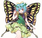  1girl aqua_hair butterfly_wings commentary_request commission dress eternity_larva fairy green_dress hair_between_eyes highres insect_wings korean_commentary leaf leaf_on_head looking_at_viewer morita_(pixiv31883607) multicolored_dress open_mouth orange_eyes second-party_source short_hair short_sleeves smile solo touhou wings yellow_wings 