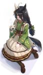  1girl absurdres ahoge animal_ears black_eyeliner black_hair boots bow braid braided_ponytail brown_boots brown_corset closed_mouth coffee commentary_request corset cup ear_covers ear_ribbon eyeliner frilled_kimono frills girdle green_bow green_kimono hair_between_eyes hair_bow highres holding holding_cup horse_ears horse_girl japanese_clothes junsanholo kimono long_bangs long_hair long_hair_between_eyes long_sleeves looking_at_viewer maid makeup manhattan_cafe_(umamusume) manhattan_cafe_(verdant_night)_(umamusume) multicolored_hair official_alternate_costume official_alternate_hairstyle simple_background single_ear_cover smile solo steam steaming_cup tail umamusume wa_maid white_background yellow_eyes 