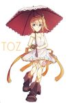  1girl bare_shoulders boots breasts choker dress edna_(tales) flower gloves grey_eyes hairband highres long_hair orange_hair ribbon side_ponytail small_breasts tales_of_(series) tales_of_zestiria umbrella 