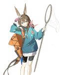  1girl absurdres amiya_(arknights) animal_charm animal_ear_fluff animal_ears arknights backpack bag bag_charm black_shorts blue_eyes blue_jacket brown_hair butterfly_net charm_(object) feet_out_of_frame fingerless_gloves gloves hair_between_eyes han_chi_zao_shui hand_net hands_up highres holding holding_butterfly_net hongshan_forest_zoo jacket long_hair long_sleeves looking_at_viewer official_alternate_costume open_mouth orange_bag pink_gloves pink_scarf rabbit_ears rabbit_girl scarf shorts simple_background smile solo standing white_background 