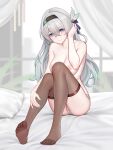  1girl absurdres aqua_eyes bed black_bow black_hairband blurry blurry_background blush bow breasts brown_thighhighs closed_mouth collarbone colored_tips commentary_request feet firefly_(honkai:_star_rail) full_body green_nails green_pupils hair_between_eyes hair_bow hairband hand_in_own_hair hand_on_own_leg highres honkai:_star_rail honkai_(series) indoors knees_up large_breasts large_variant_set long_hair looking_at_viewer multicolored_hair nail_polish nipples no_shoes on_bed panties pillow sitting smile soles solo thighhighs thighs toenail_polish toenails toes topless_female underwear variant_set white_panties yunkaiming 