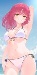  1girl :d absurdres arm_at_side arm_behind_head arm_up armpits ass_visible_through_thighs bikini blue_sky blurry blurry_background blush braid breasts cleavage cloud collarbone commentary cowboy_shot day eyes_visible_through_hair fang floating_hair front-tie_bikini_top front-tie_top futamihara_ririko grin groin hair_between_eyes halterneck highres hirocchi large_breasts limelight_lemonade_jam lips looking_at_viewer medium_hair navel ocean outdoors red_hair side-tie_bikini_bottom side_braid sidelighting single_braid skindentation sky smile solo stomach string_bikini sunlight swimsuit triangle_bikini_top underboob white_bikini yellow_eyes 