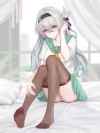  1girl absurdres alternate_costume aqua_eyes bed black_bow black_hairband blurry blurry_background blush bow breasts brown_thighhighs closed_mouth collarbone colored_tips commentary_request feet firefly_(honkai:_star_rail) full_body green_nails green_pupils green_sailor_collar green_skirt hair_between_eyes hair_bow hairband hand_in_own_hair hand_on_own_leg highres honkai:_star_rail honkai_(series) indoors knees_up large_breasts large_variant_set long_hair looking_at_viewer multicolored_hair nail_polish neckerchief no_shoes on_bed panties pillow sailor_collar school_uniform serafuku shirt short_sleeves sitting skirt smile soles solo thighhighs thighs toenail_polish toenails toes underwear variant_set white_panties white_shirt yellow_neckerchief yunkaiming 