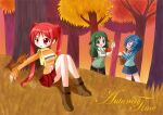  3girls animal animal_on_arm autumn black_pants boots brown_boots closed_eyes commentary dated denim denim_skirt english_commentary english_text grass green_eyes green_hair happy holding holding_animal holding_mushroom knees_together_feet_apart long_hair medium_hair miniskirt multiple_girls mushroom open_mouth orange_sweater orange_theme original outdoors outstretched_arm pants red_eyes red_hair red_skirt scarf shirt short_twintails signature sitting skirt smile squirrel standing striped_clothes striped_shirt sweater tree twilight twintails white_sweater wing_yun_man yellow_scarf 