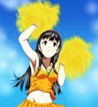  amagi_yukiko black_eyes black_hair blue_background cheerleader hairband kouchin long_hair motion_blur navel persona persona_4 pom_poms solo 