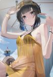  1girl absurdres arknights bare_shoulders beach_umbrella bikini bird bird_on_tail black_bikini black_hair blue_eyes blue_hair blue_sky breasts cloud colored_inner_hair commentary_request day eunectes_(arknights) food high_priest_(arknights) highres holding holding_food holding_popsicle large_breasts looking_at_viewer multicolored_hair navel pointy_ears popsicle rig_(wyopmo4bpp658) see-through_clothes see-through_shirt shirt short_hair sky snake_girl snake_tail strapless strapless_shirt swimsuit tail umbrella yellow_shirt 