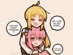  2girls ahoge blonde_hair blue_eyes bocchi_the_rock! commentary cube_hair_ornament english_commentary english_text gotoh_hitori hair_between_eyes hair_ornament head_on_head head_rest highres hug ijichi_nijika jacket long_hair long_sleeves multiple_girls one_side_up open_mouth pink_hair pink_jacket shimejimee shirt side_ponytail simple_background speech_bubble track_jacket twitter_username 