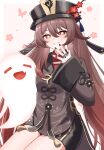  1girl absurdres black_hat black_nails blush boo_tao_(genshin_impact) breasts brown_hair bug butterfly chinese_clothes coattails commentary_request flower flower-shaped_pupils genshin_impact ghost hair_between_eyes hat hat_flower hat_tassel highres hu_tao_(genshin_impact) jewelry long_hair looking_at_viewer mako_(cvyt5325) multiple_rings plum_blossoms porkpie_hat red_eyes ring small_breasts smile solo symbol-shaped_pupils tailcoat teeth twintails 