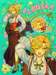  1girl absurdres aqua_background blonde_hair braid breasts brown_skirt cape character_name closed_eyes collared_shirt commentary corset deltarune flower flower_in_eye flowery_(deltarune) frilled_sleeves frills genderswap genderswap_(mtf) green_corset green_ribbon hair_ornament hair_ribbon high_heels highres holding holding_unworn_cape holding_unworn_clothes leaf_hair_ornament long_hair long_skirt long_sleeves multiple_views neck_ribbon one_eye_closed open_mouth orange_corset pink_flower red_ribbon ribbon salute shirt single_braid skirt smile socks ssyyk1sk symbol_in_eye two-finger_salute two-tone_corset unworn_cape utdr_(toby_fox) very_long_hair white_shirt yellow_eyes yellow_flower 