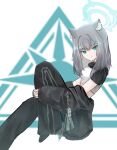  1girl absurdres animal_ear_fluff animal_ears black_jacket black_pants black_shirt blue_archive blue_eyes blue_halo blush closed_mouth commentary_request cropped_shirt grey_hair halo highres jacket korean_commentary looking_at_viewer medium_hair open_clothes open_jacket pants shiroko_(blue_archive) shirt solo topgu two-tone_shirt white_shirt wolf_ears wolf_girl 