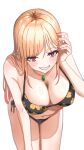  1girl absurdres barbell_piercing bikini black_bikini black_choker blonde_hair blush breasts choker cleavage collarbone commentary ear_piercing earrings eyelashes floral_print floral_print_bikini highres industrial_piercing jewelry kitagawa_marin large_breasts long_hair looking_at_viewer medium_breasts multicolored_hair navel parted_lips pendant piercing pink_hair print_bikini red_eyes side-tie_bikini_bottom simple_background smile solo sono_bisque_doll_wa_koi_wo_suru swimsuit teeth two-tone_hair white_background will77im 