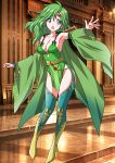  1girl :o absurdres arm_warmers armpits blue_eyes blush boots breasts bridal_gauntlets candle cape chandelier cleavage collarbone commentary_request detached_sleeves earrings final_fantasy final_fantasy_iv garter_straps gem gem_hair_ornament gold gold_boots gold_trim green_arm_warmers green_boots green_cape green_garter_straps green_hair green_leotard green_sleeves green_thighhighs hair_ornament high_heel_boots high_heels highres indoors jewelry large_breasts leotard long_hair looking_at_viewer open_mouth pelvic_curtain red_gem revealing_clothes rydia_(adult)_(ff4) rydia_(ff4) sarong solo stairs star_(symbol) star_earrings stone_stairs thighhighs tile_floor tiles yellow_sarong yuuyuu_(3jjbn) 