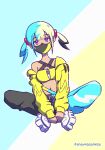  1girl bandeau belt canari_(pokemon) commentary eyelashes full_body jacket long_sleeves looking_at_viewer mask mouth_mask multicolored_hair navel off_shoulder open_clothes open_jacket own_hands_together pants pokemon pokemon_legends:_z-a purple_eyes shoes sitting snowiecomics solo spread_legs twintails untranslatable_commentary yellow_bandeau yellow_jacket 