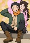  1boy 1girl :d absurdres black_hair blush boots brown_boots brown_eyes brown_hair closed_eyes glasses green_jacket grin highres hood hood_down hoodie jacket long_sleeves looking_to_the_side natsuki_subaru orange_scarf original pink_hoodie re:zero_kara_hajimeru_isekai_seikatsu rosa_7k scarf self-upload sitting smile tagme teeth upper_teeth_only 