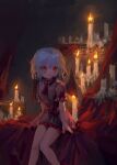 1girl arm_support ascot bat_wings blood blood_from_mouth blue_hair brooch candle closed_mouth dark_room dress feet_out_of_frame flat_chest hair_between_eyes highres jewelry knees_together_feet_apart looking_at_viewer missing_headwear petticoat pink_dress puffy_short_sleeves puffy_sleeves red_ascot red_eyes red_nails reddizen remilia_scarlet short_hair short_sleeves sitting solo table touhou wings 