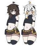  1girl ahoge arm_belt armband arms_behind_back bag bare_shoulders belt black_panties black_shirt black_sleeves black_thighhighs blonde_hair brown_eyes brown_hair brown_shorts cargo_shorts commentary crop_top cropped detached_ahoge detached_sleeves dual_persona english_commentary hair_between_eyes highleg highleg_panties kazu_(skkazu1) long_single_sidelock midriff multicolored_hair navel original panties panty_straps parted_lips satchel shirt shorts single_detached_sleeve single_thighhigh skkazu1 sleeveless sleeveless_turtleneck thigh_belt thigh_strap thighhighs tongue tongue_out turtleneck two-tone_hair underwear variations white_background yellow_belt yellow_eyes 