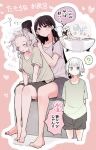  2girls absurdres bang_dream! bang_dream!_it's_mygo!!!!! barefoot bath bathtub black_hair chibi commentary_request green_shirt hair_dryer heterochromia highres kaname_raana light_blush long_hair mole mole_under_eye multiple_girls oversized_clothes pachio_(patioglass) purple_eyes purple_shirt shiina_taki shirt short_hair short_sleeves shorts simple_background speech_bubble white_shirt 
