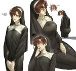  1boy 1girl absurdres aroused_nosebleed ass black-framed_eyewear blood blush breasts brown_hair curly_hair freckles genderswap genderswap_(mtf) glasses green_eyes heart highres large_breasts lucacometomama multiple_views neck_freckles nosebleed nun nun_headdress open_mouth orange_hair randal's_friends randal_ivory sebastian_de_tomato_smith_chicken_legs seiza sitting spoken_heart squatting surprised tears white_background 