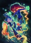  2girls absurdres animal_ears blaze_the_cat bodysuit boots cat_ears cat_girl cat_tail city commentary crossover dark-skinned_female dark_skin dc_comics dc_x_sonic_the_hedgehog eyelashes fire forehead_jewel furry furry_female gem gloves green_eyes highres long_hair looking_at_viewer multiple_girls night purple_bodysuit purple_fur purple_gem pyrokinesis red_hair smile sonic_(series) spacecolonie starfire tail teen_titans thigh_boots topknot untranslatable_commentary yellow_eyes 