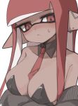  1girl bare_shoulders black_jacket black_leotard blush breasts cleavage closed_mouth commentary_request dark-skinned_female dark_skin detached_collar earclip earrings genderswap inkling inkling_girl inkling_player_character jacket jewelry large_breasts leotard long_hair looking_at_viewer mole mole_under_mouth nao_(pixiv92881824) necktie nine_(bepe) off_shoulder pointy_ears red_eyes red_hair red_necktie simple_background splatoon_(series) strapless strapless_leotard stud_earrings sweatdrop tentacle_hair upper_body white_background 