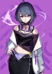  1girl bare_shoulders black_cape black_choker black_skirt blue_hair breasts cape choker cigarette commentary hair_ornament hairclip hand_on_own_hip headphones headphones_around_neck highres jacket jacket_partially_removed koshimizu_toru koshimizu_toru_(1st_costume) long_sleeves looking_at_viewer medium_breasts midriff mole mole_under_eye nail_polish navel nijisanji open_clothes open_jacket pokimari purple_background purple_eyes purple_nails see-through_clothes short_hair skirt smoke smoking solo triangle_hair_ornament untranslatable_commentary virtual_youtuber white_jacket 