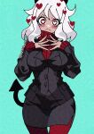  1girl adversarial_noise aqua_background artist_name black_horns black_suit black_tail blush breasts commentary_request demon_girl demon_horns demon_tail formal_clothes hands_on_own_chest heart heart-shaped_pupils helltaker highres horns jacket large_breasts long_sleeves looking_at_viewer modeus_(helltaker) pantyhose pencil_skirt red_eyes red_pantyhose red_sweater ribbed_sweater simple_background skirt solo suit suzumbati76115 sweater symbol-shaped_pupils tail turtleneck twitter_username white_hair 