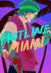  1boy absurdres aqua_gloves aqua_hair aqua_outline biker_(hotline_miami) blood blood_on_clothes blood_on_face blood_on_weapon blood_splatter blue_eyes commentary commentary_request copyright_name fingerless_gloves gloves green_headband grin headband highres holding holding_knife holding_weapon hood hood_down hoodie hotline_miami jpt02 knife male_focus outline palm_tree pink_hoodie sharp_teeth sleeveless sleeveless_hoodie smile solo teeth tree weapon 