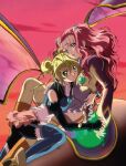  2girls aeru_(simoun) ass bare_shoulders between_thighs black_pantyhose black_thighhighs blonde_hair blue_eyes blue_thighhighs blush boots cloud cockpit commentary_request crop_top double_bun dress elbow_gloves fingerless_gloves frills garter_straps gem gloves glowing green_eyes hair_between_eyes hair_bun hair_ornament hairclip head_tilt high_heels holding_hands hug jacket jewelry kneehighs lace lace-trimmed_thighhighs lace_trim lips lipstick long_sleeves looking_at_viewer looking_back makeup mecha midriff miniskirt multiple_girls neviril_(simoun) nishida_asako official_art open_mouth orange_socks outdoors pantyhose parted_lips pink_hair profile robot shoes short_dress short_hair sidelocks signature simoun sitting skirt sky socks spread_legs straddling sunset thighhighs transparent turtleneck wavy_hair yellow_socks yellow_thighhighs yuri zettai_ryouiki 