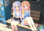  2girls aqua_eyes barefoot black_skirt blue_dress blush bottle commentary_request crop_top dress food gochuumon_wa_usagi_desu_ka? hair_ornament holding holding_bottle holding_food holding_popsicle hoto_cocoa kafuu_chino looking_at_viewer multiple_girls navel on_bench open_mouth orange_hair polka_dot polka_dot_dress popsicle purple_eyes purple_hair shirt sitting skirt taku_michi vending_machine white_shirt x_hair_ornament 
