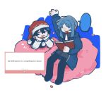  2girls arm_up bari_(project_moon) black_boots black_capelet black_hair black_pants black_shirt blank_speech_bubble blue_eyes blue_hair blue_jacket book boots capelet closed_eyes crossover doremy_sweet dream_soul dress full_body fur-trimmed_headwear fur_trim hand_up hands_on_own_face hands_up hat highres holding holding_book jacket l_fzxxxx limbus_company long_sleeves looking_at_object looking_down marshmallow_(site) multiple_girls nightcap open_book open_clothes open_jacket open_mouth pants pom_pom_(clothes) project_moon puffy_long_sleeves puffy_sleeves reading red_hat request_inset shirt short_hair sidelocks simple_background sitting smile speech_bubble talking touhou white_background white_dress zipper 