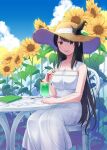  1girl alternate_costume blue_sky book breasts brown_hat cloud commentary_request day dress drink drinking_straw feet_out_of_frame field flower flower_field food fusou_(kancolle) hair_ornament hat headgear highres ice_cream ice_cream_float kantai_collection large_breasts looking_at_viewer nao_(nao_eg) outdoors sky sleeveless sleeveless_dress smile solo straw_hat sun_hat sundress sunflower sunflower_field table watermark white_dress 