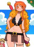  +++ 1boy 1girl absurdres bangle belt belt_buckle blue_sky blush bracelet braid breasts brown_loincloth buckle cape cleavage cloud cloudy_sky commentary cowboy_shot crim_(crim7x) crop_top facing_viewer fake_horns food fruit fur_cape gold_bangle gold_choker grin groin hand_on_own_hip helmet highres horned_helmet horns jewelry large_breasts loincloth long_hair looking_at_viewer mandarin_orange midriff monkey_d._luffy nami_(one_piece) narrow_waist navel official_alternate_costume official_alternate_hairstyle one_piece orange_eyes orange_hair red_cape single_braided_sidelock sky smile sword sword_on_back thigh_strap thighs upper_body weapon weapon_on_back yellow_cape 