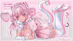  1girl absurdres aegyo_sal animal_ear_fluff animal_ear_piercing animal_ears artist_name bandaged_arm bandages bandaid bandaid_on_leg blunt_bangs blush border bow bowtie breasts cat_ears cat_girl cat_tail cleavage closed_mouth colored_shoe_soles commentary commissioner_name crescent crescent_hair_ornament dark-skinned_female dark_skin demon_wings dress drill_hair drop_shadow english_commentary english_text eyelashes fang full_body gloves gradient_background gyaru hair_bow hair_ornament hand_on_own_cheek hand_on_own_face hat heart heart-shaped_pupils heart_hair_ornament highres indie_virtual_youtuber inset_border large_breasts lewnabun light_smile loading_icon looking_at_viewer lying medium_hair mole mole_on_breast mole_under_eye nurse nurse_cap on_stomach oysi_mysi pill_hair_ornament pink_background pink_border pink_bow pink_bowtie pink_dress pink_eyes pink_hair pink_hat pink_shoes pink_wings polka_dot puffy_short_sleeves puffy_sleeves second-party_source shoes short_sleeves sidelocks signature skin_fang solo symbol-shaped_pupils tail tail_bow tail_ornament tail_raised thighhighs thighs twin_drills virtual_youtuber white_gloves white_tail white_thighhighs wings 