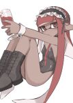  1boy black_boots black_leotard blush boots closed_mouth commentary_request crossdressing crossdressing_(mtf) cup dark-skinned_male dark_skin detached_collar drinking_glass earclip earrings frilled_hairband frills from_side hairband highres inkling inkling_boy inkling_player_character jewelry knees_up leotard long_hair looking_at_viewer male_focus mole mole_under_mouth nao_(pixiv92881824) necktie nine_(bepe) pointy_ears red_eyes red_hair red_necktie simple_background splatoon_(series) strapless strapless_leotard stud_earrings tentacle_hair trap white_background white_wrist_cuffs wine_glass wrist_cuffs 