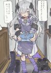  1girl apron asymmetrical_sleeves black_boots black_gloves black_tank_top blue_eyes boots cevio coat commentary_request faoru_ofuton fingerless_gloves flower-shaped_pupils gloves grey_hair hair_over_one_eye high_collar highres indoors kamitsubaki_studio knee_boots long_hair looking_at_viewer o-ring one_eye_covered purple_hair purple_socks sekai_(cevio) shoes sidelocks single_boot single_fingerless_glove single_knee_boot sneakers socks symbol-shaped_pupils tank_top uneven_sleeves white_coat wrapped_bento zipper_pull_tab 