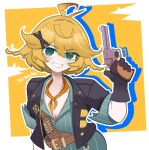  1girl ahoge ammunition aqua_shirt bandolier belt black_gloves black_jacket blonde_hair breasts cleavage commentary dokibird dokibird_(bounty_hunter) drop_shadow english_commentary feather_hair flat_chest gloves green_eyes gun hair_between_eyes hair_ornament heikevbo indie_virtual_youtuber jacket neckerchief orange_neckerchief revolver shirt short_hair solo virtual_youtuber weapon x_hair_ornament 