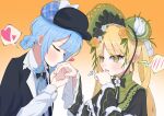  2girls 4anko_tanki @_@ black_bow black_bowtie black_capelet black_flower black_hat black_rose blonde_hair blue_hair blue_necktie bonnet bow bow_flower bowtie braid braided_hair_rings capelet chinstrap closed_eyes collared_shirt commentary_request deerstalker dress flower frilled_capelet frilled_dress frilled_sleeves frills gradient_background green_bonnet green_eyes hair_bow hair_flower hair_ornament hair_rings hat hat_bow heart highres kiss kissing_hand lolita_fashion long_hair long_sleeves magical_girl mahou_shoujo_no_majo_saiban multiple_girls necktie rose shirt short_hair spoken_blush spoken_heart tachibana_sherry tono_hanna twintails vest white_flower white_rose white_shirt wide_sleeves yellow_background yellow_flower yellow_rose 