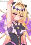  1girl absurdres antenna_hair arm_up armpits artist_name black_bow black_dress blonde_hair blush bow breasts commentary cure_arcana_shadow dress hair_bow highres inva_su long_hair looking_at_viewer meitantei_precure! moria_luluka open_mouth precure red_eyes small_breasts solo twitter_username very_long_hair white_background 